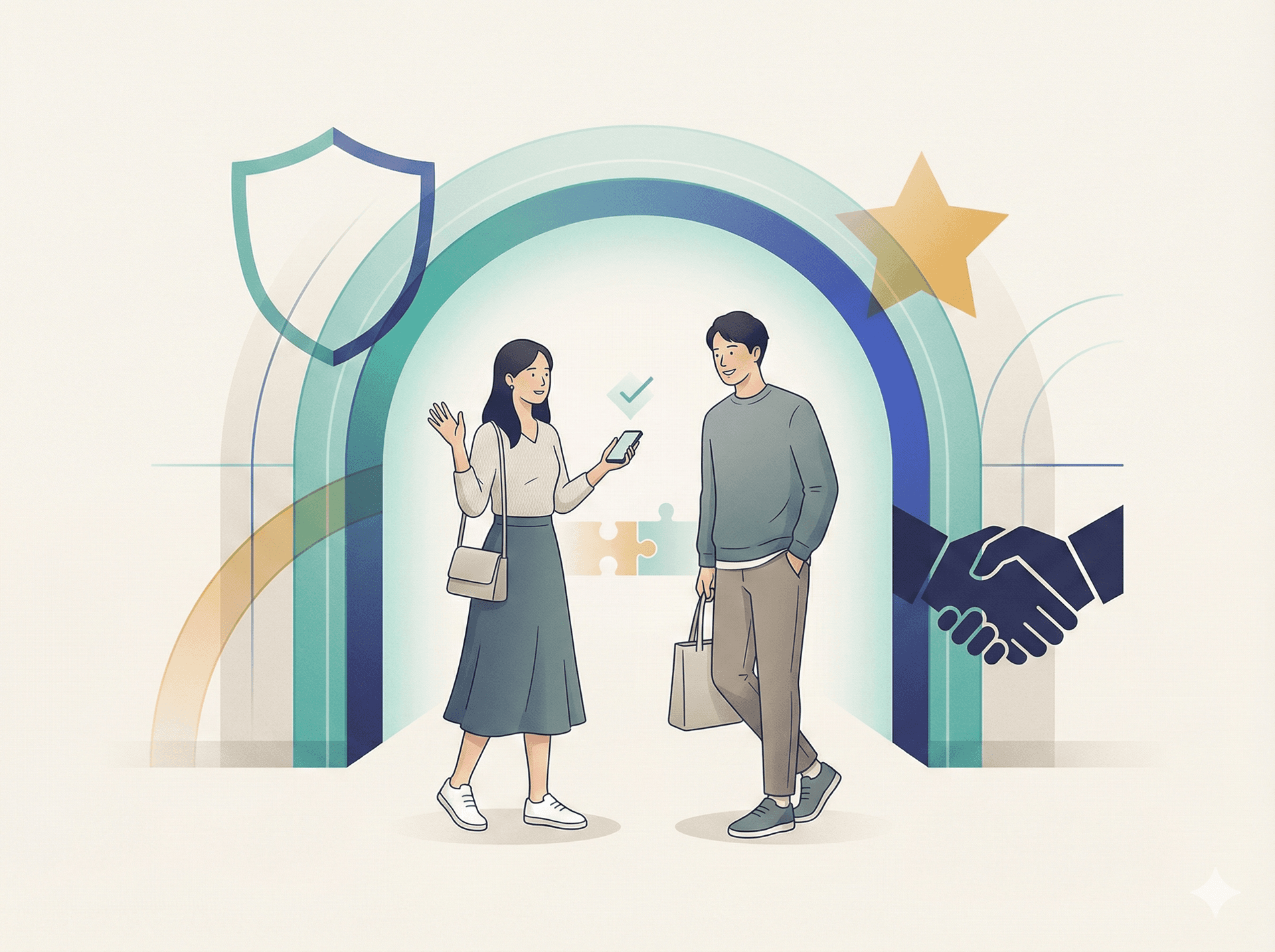 二人が出会い、信頼のシンボルに囲まれているイラスト