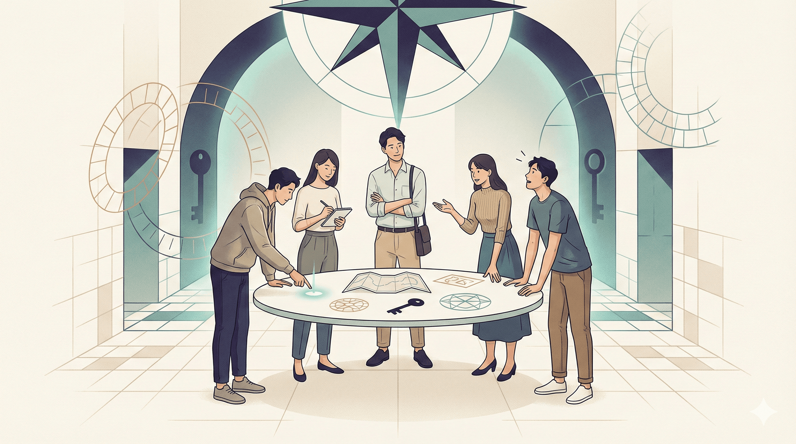 5人のグループがテーブルを囲んで謎解きを楽しんでいるイラスト